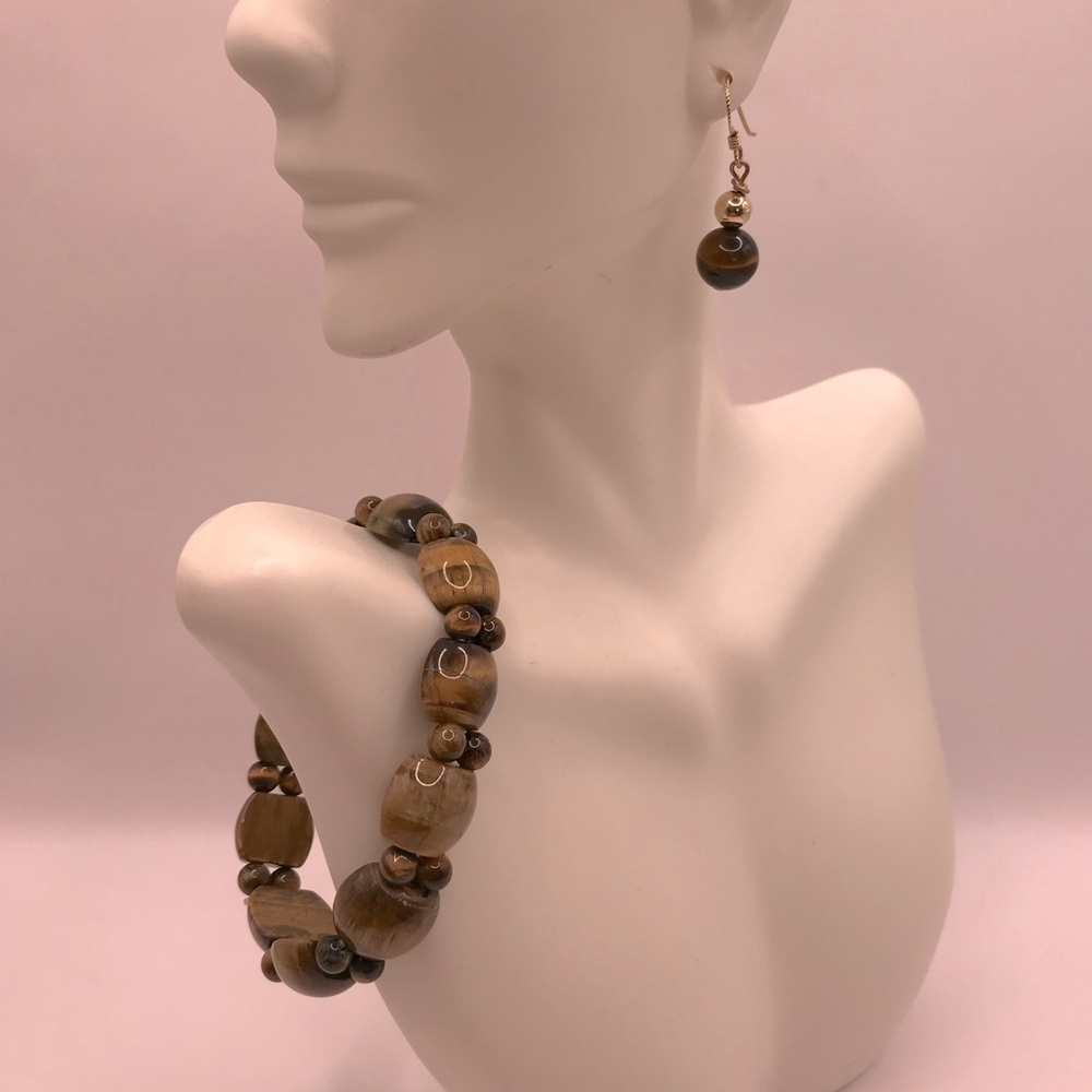 Tigers Eye Stretch Bracelet & Earrings Jewelry Set
